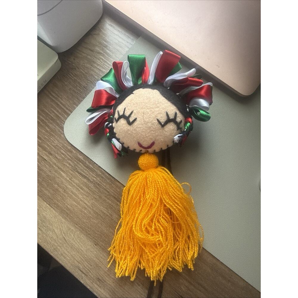 Handmade Mexican Folk Art Doll Ornament with Embroidered Flowers & Yellow Tassel